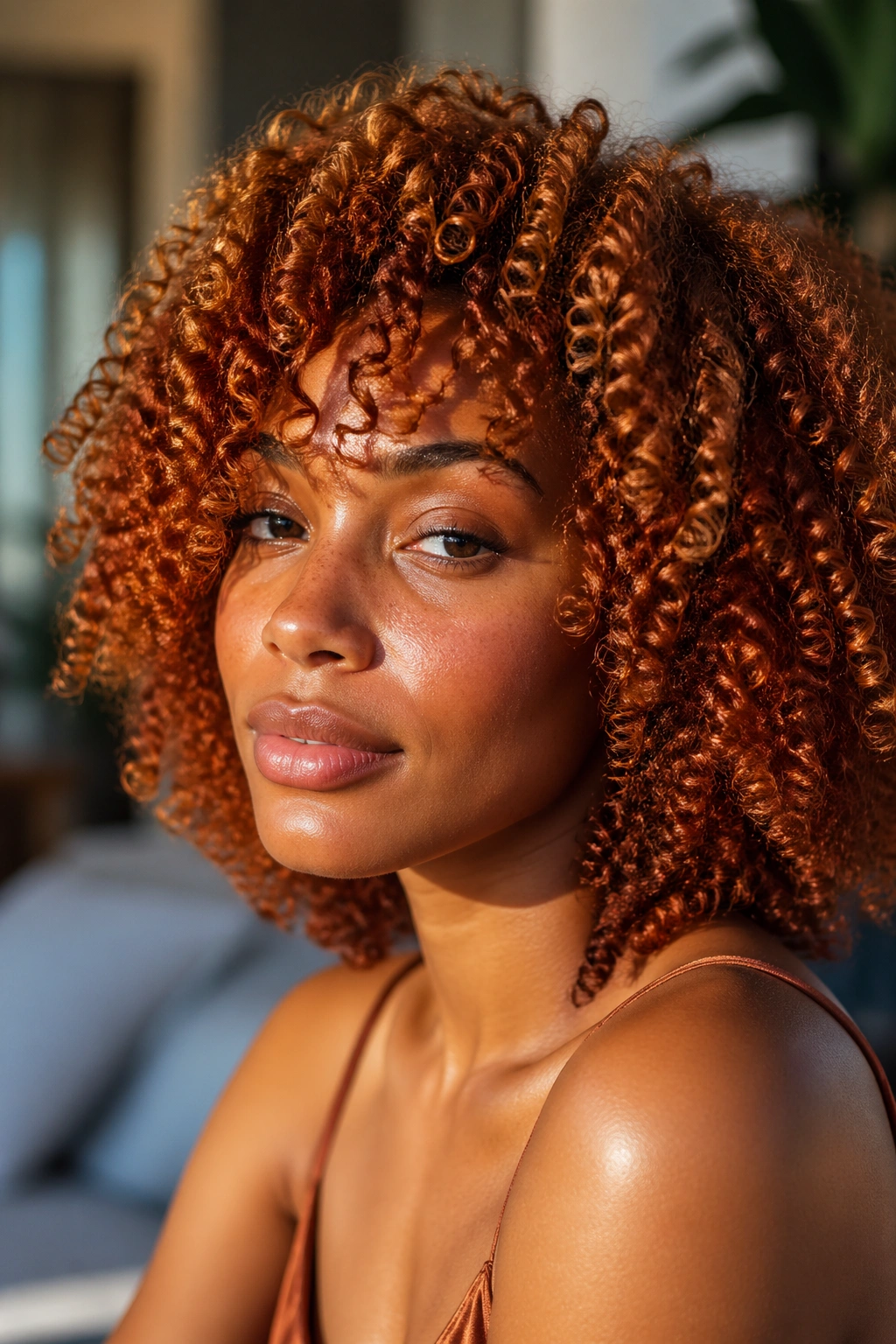 Close-up of copper curls in natural daylight on a real person