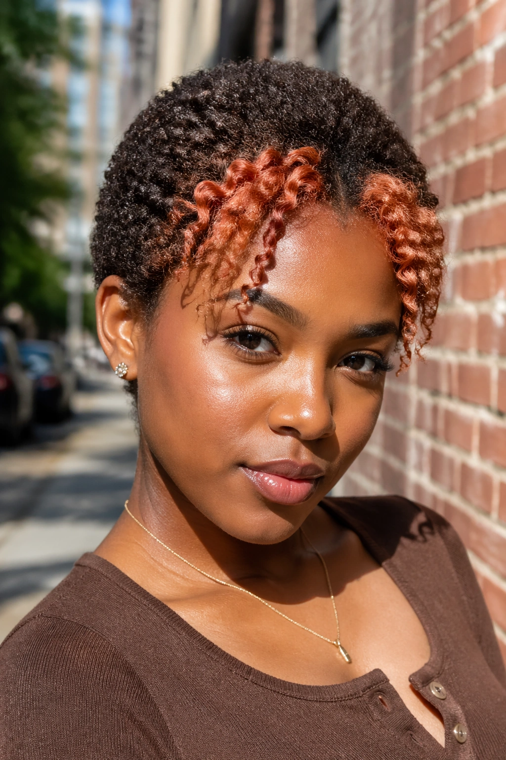 Copper money piece on big chop hair framing the face on a real person