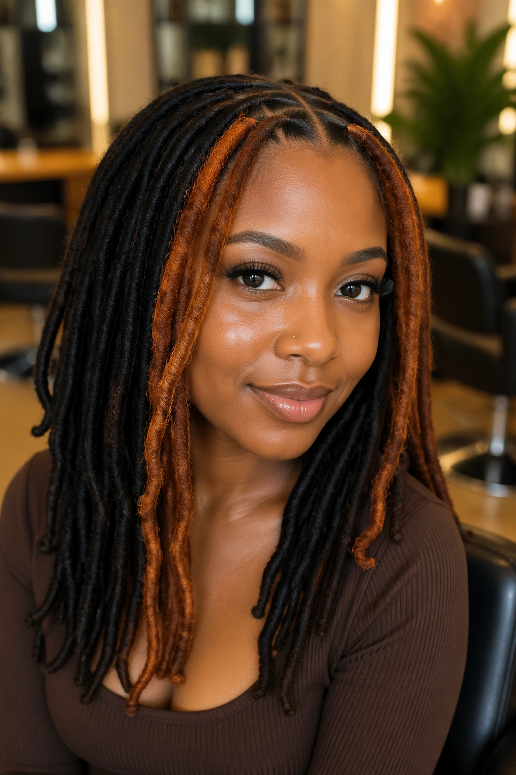 Close-up of a real person with locs and a copper money piece at the face