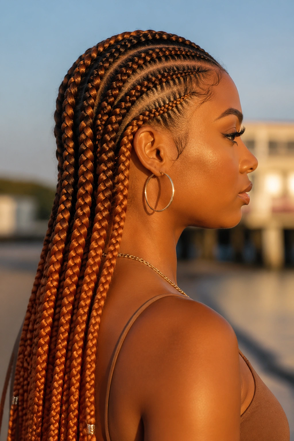 Profile view of real woman with copper ombre long cornrows