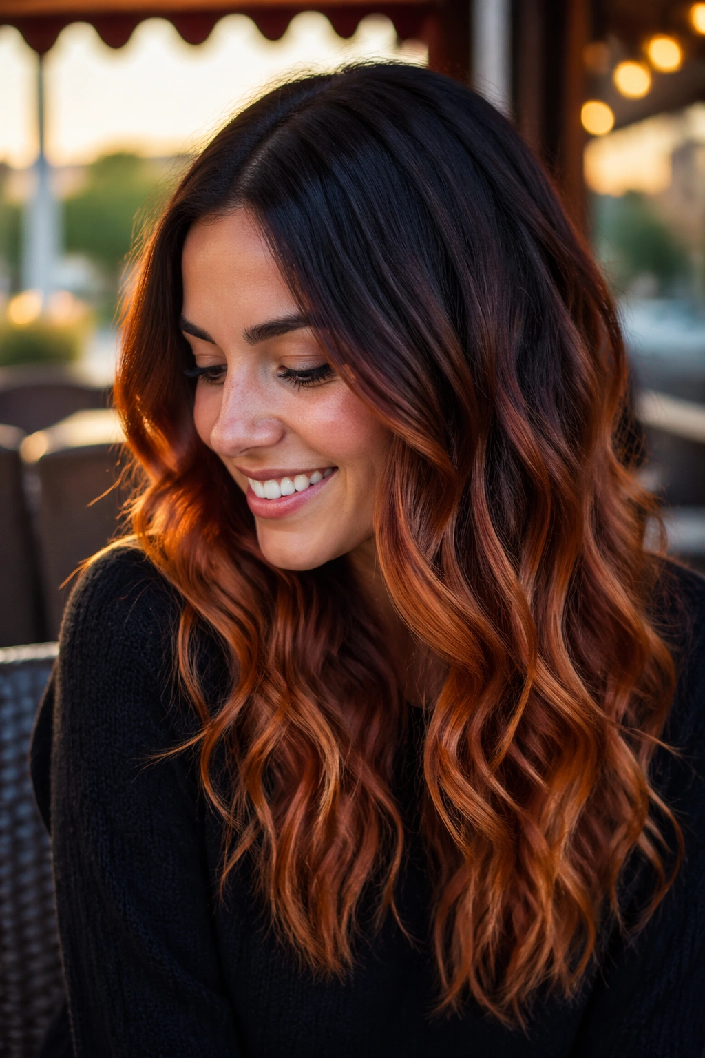 Close-up of a real woman with dark roots fading to copper ends in wavy hair