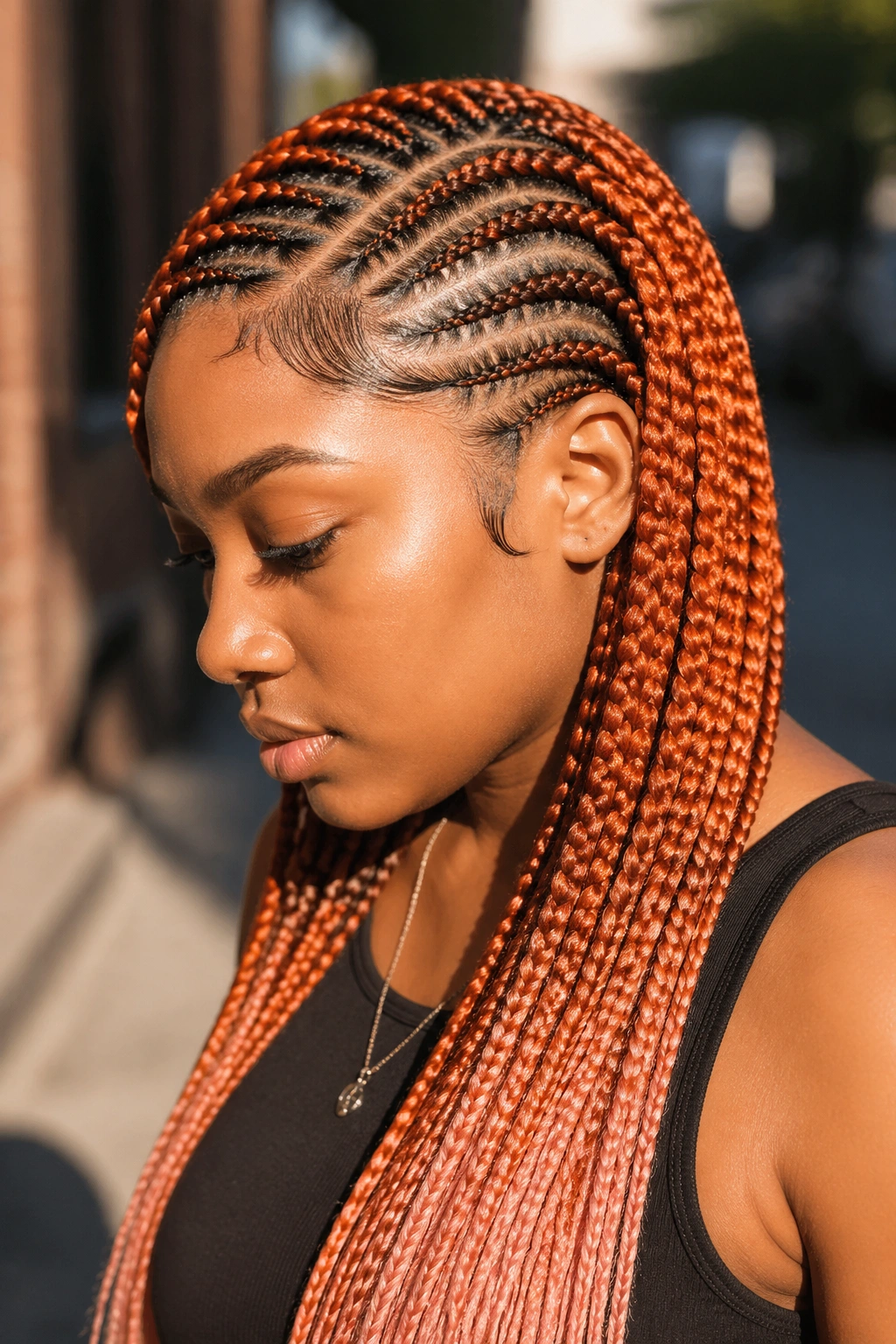 Close-up of copper orange lemonade braids on a real person in an outdoor street scene