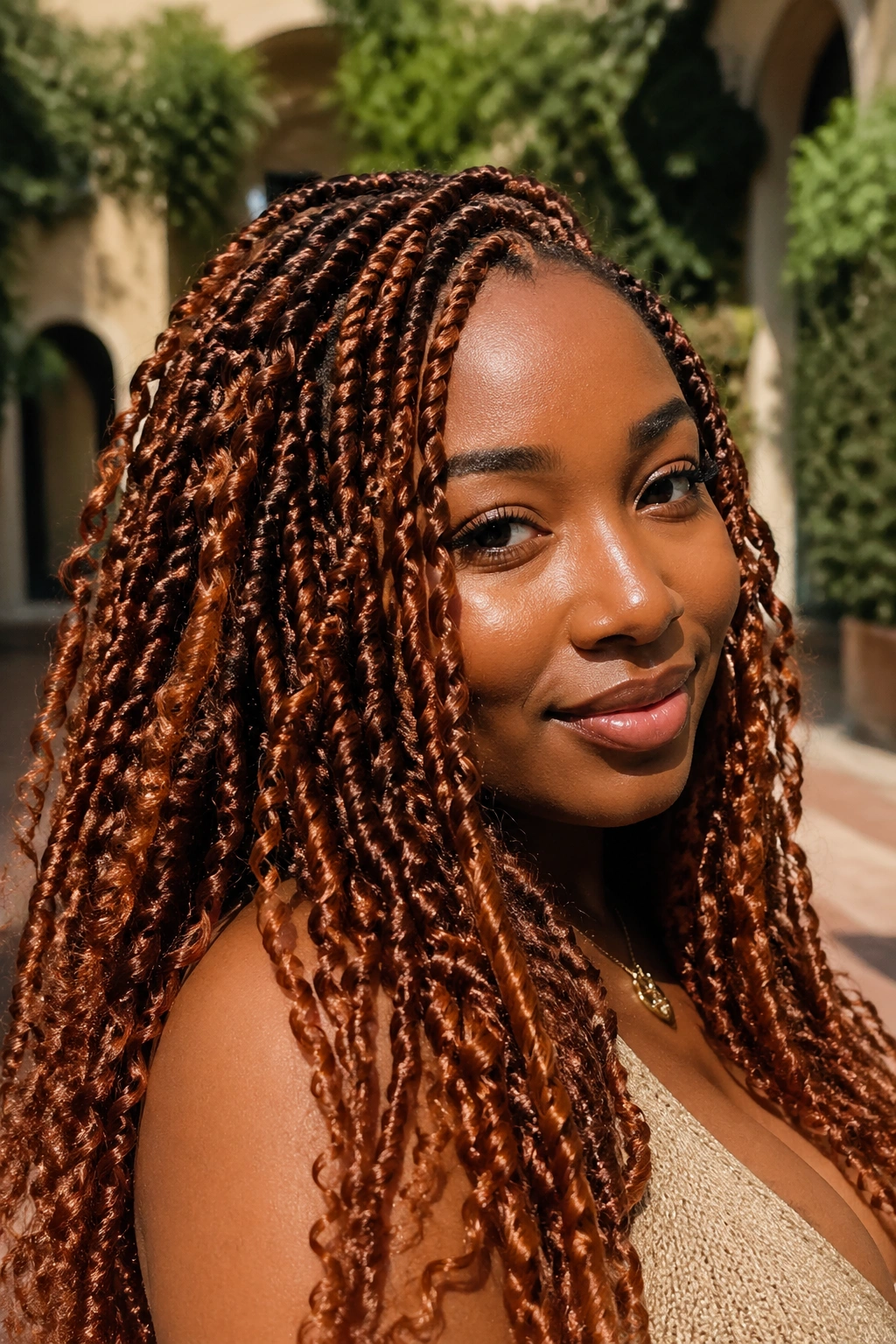 Real woman with copper passion twists, boho textured style