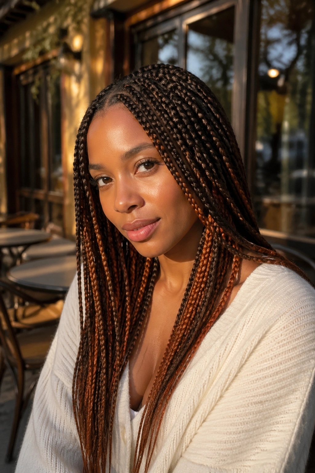 Close-up of a real person showing copper peekaboo under mid-length braids