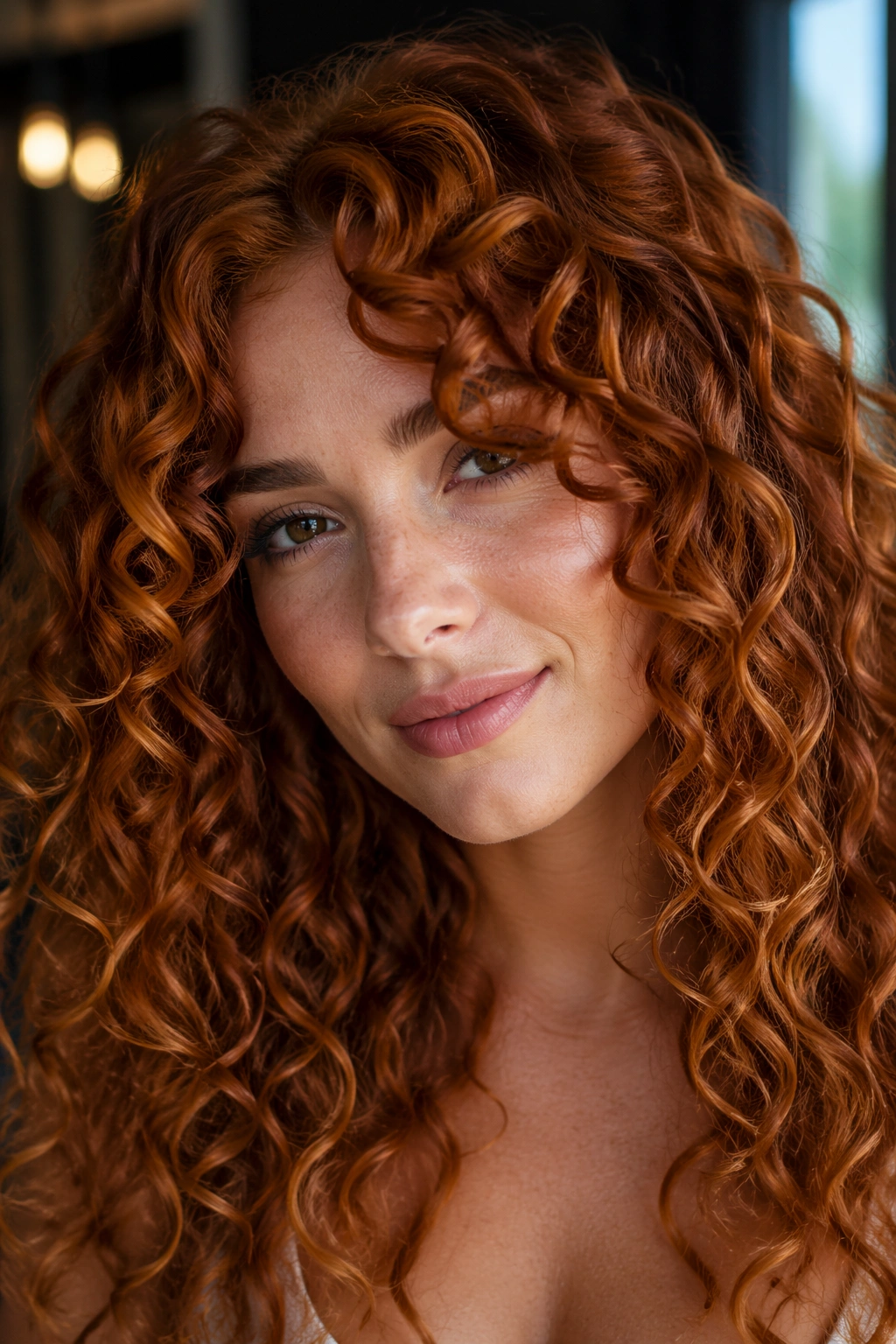 Close-up of curly hair in copper penny shade with subtle gold undertones