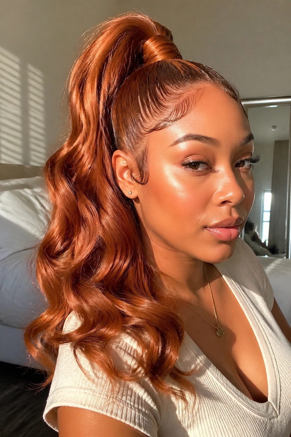 Close-up of a real woman with a copper high body-wave ponytail showing crown lift and glossy waves