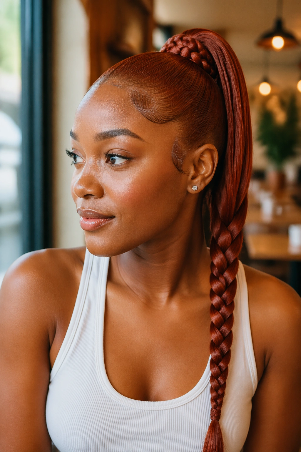 Close-up of a real Black woman with copper ponytail ending in a braid