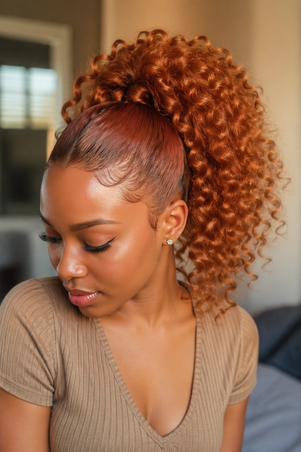 Close-up of a real Black woman with curly copper ponytail