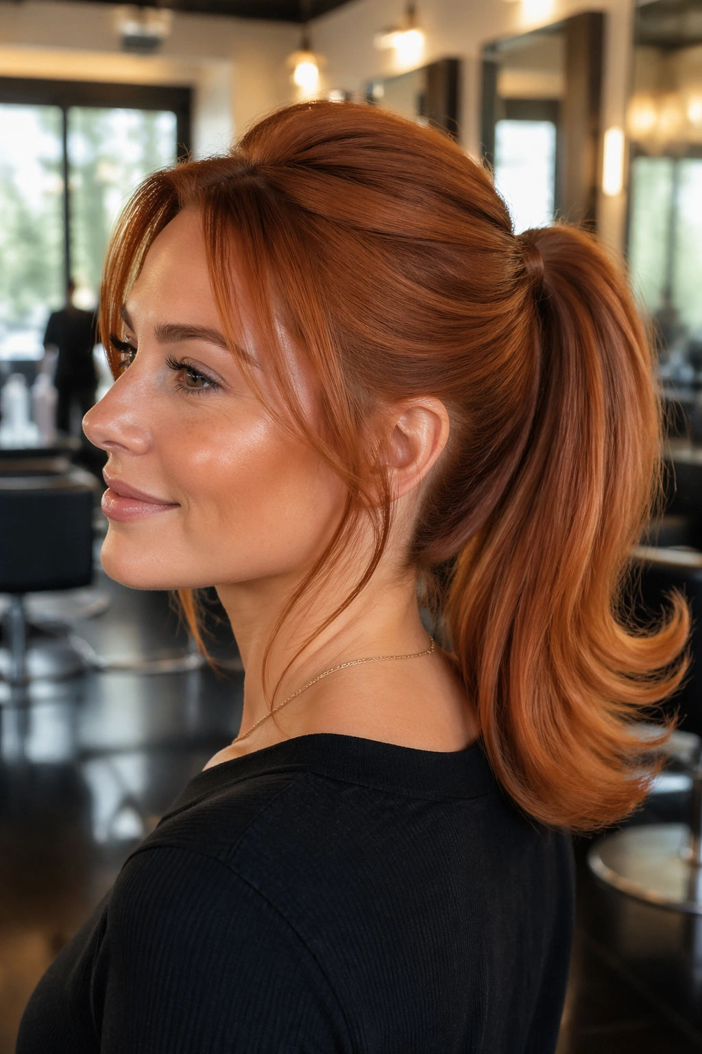 Close-up of a real woman's copper ponytail with outward-flipped ends