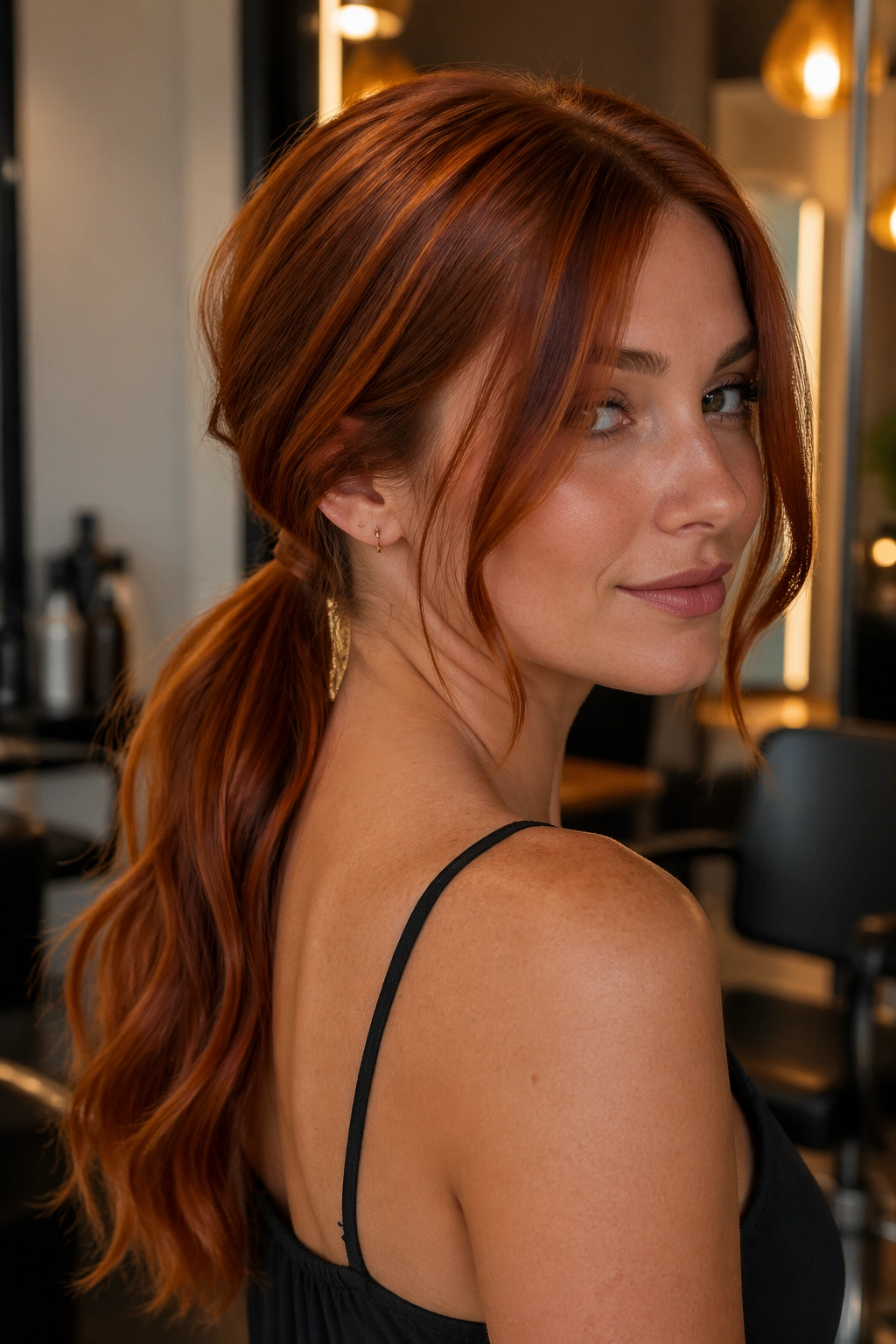 Close-up of a real woman with copper low ponytail and face-framing pieces