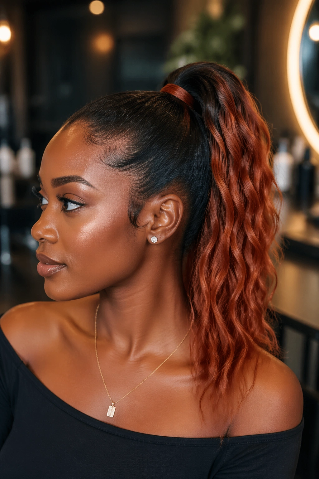 Real woman with copper mid-height ponytail and gradient