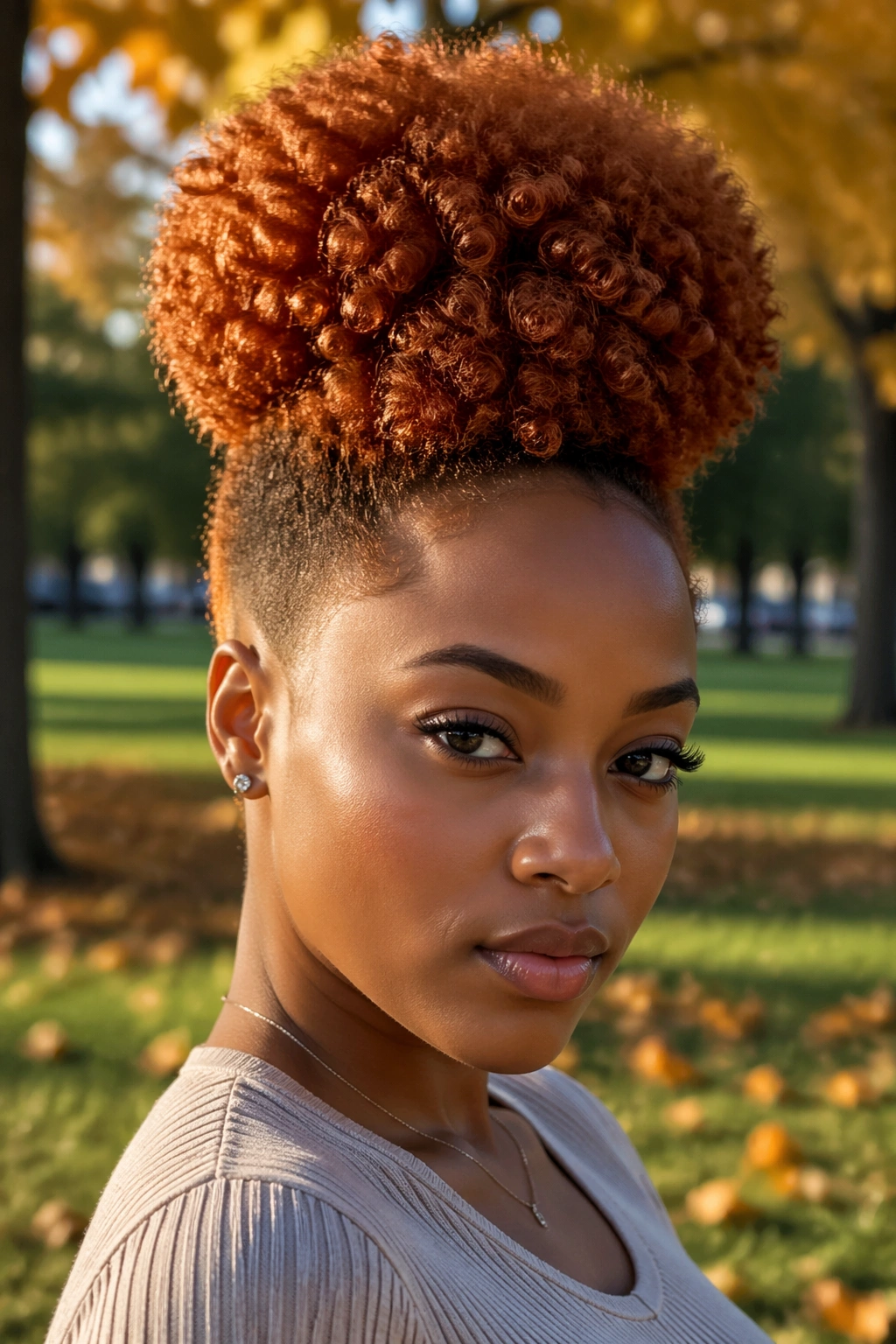 Close-up of a real Black woman with a tapered copper puff ponytail outdoors in warm light