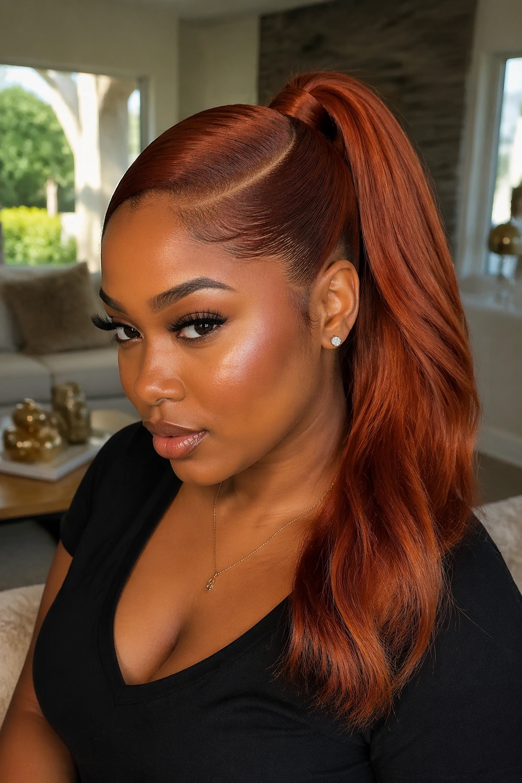 Close-up of a real Black woman with a deep side-part copper ponytail