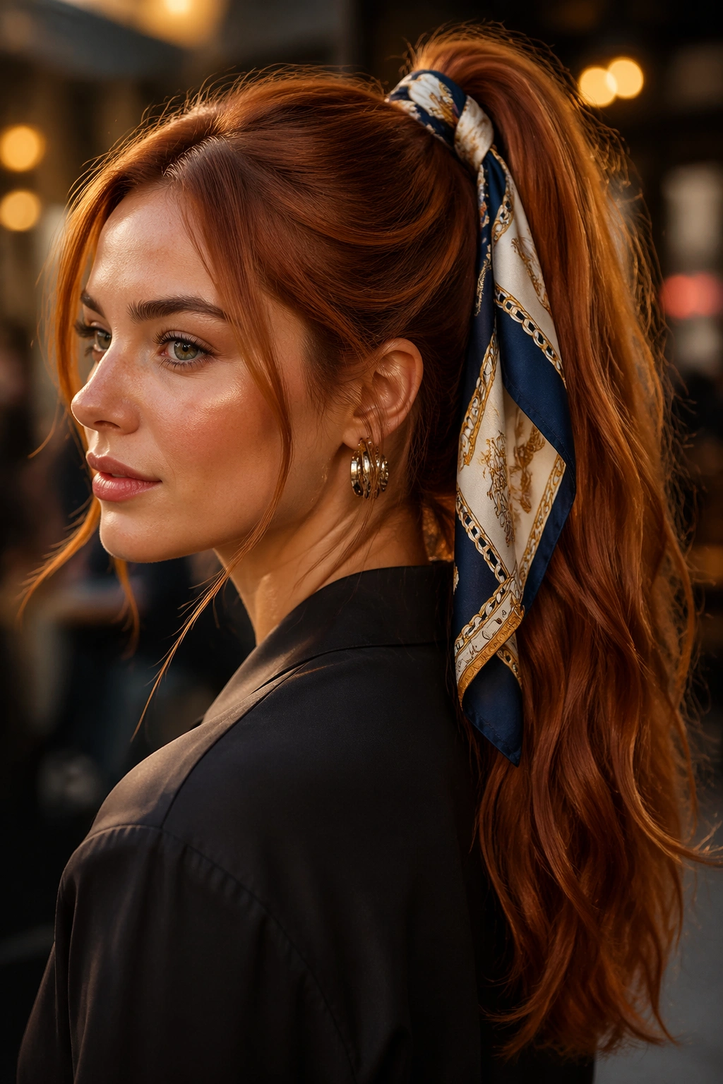 Close-up of a real woman's copper ponytail with a silk scarf accessory