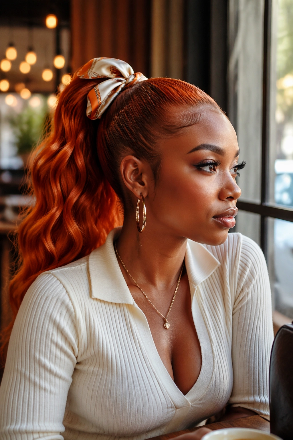 Close-up of a real woman with copper ponytail and silk scarf at the base