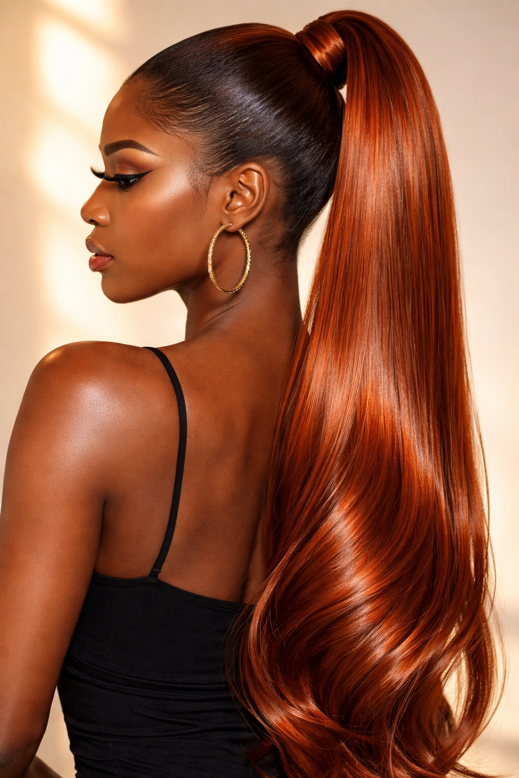 Bright copper sleek ponytail with high gloss and golden backlight.