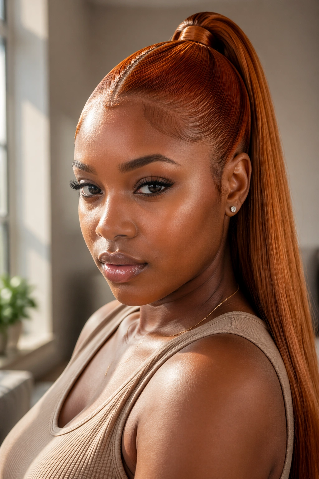 Close-up of a real Black woman with a sleek copper ponytail and polished base