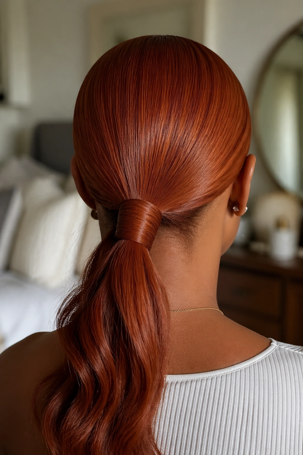 Back-of-head view of a real Black woman with a low copper ponytail wrapped base