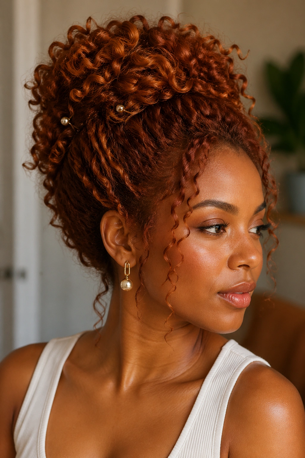 Close-up of a real woman in a copper protective updo