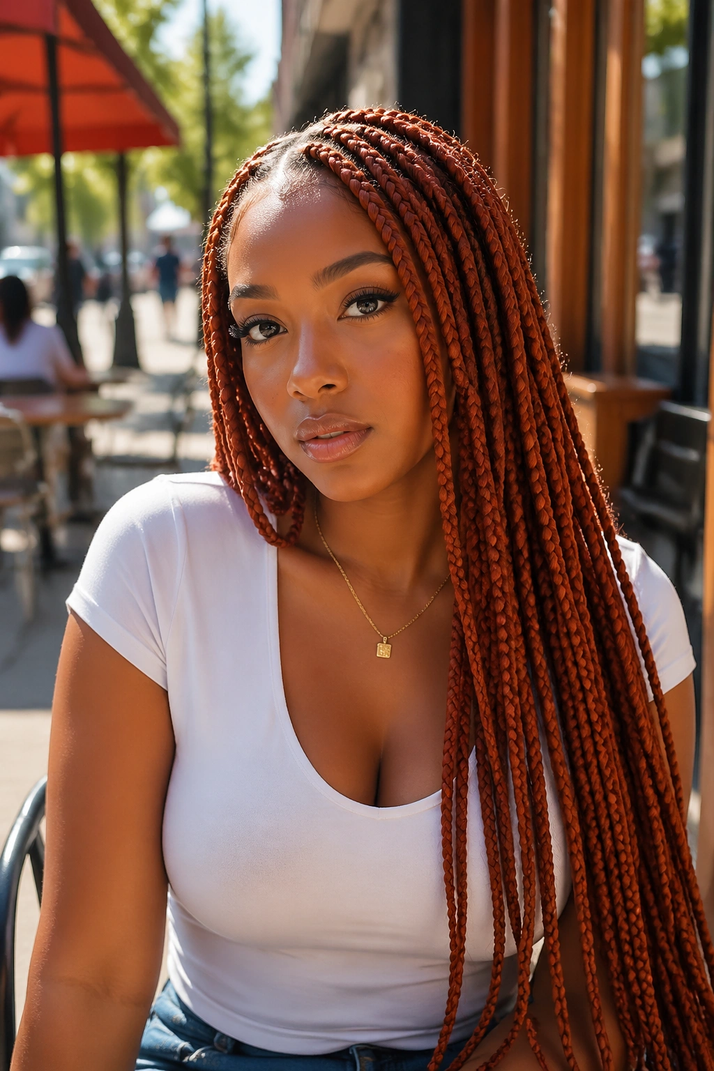 Medium close-up of a person with copper-red long box braids in an outdoor cafe setting.