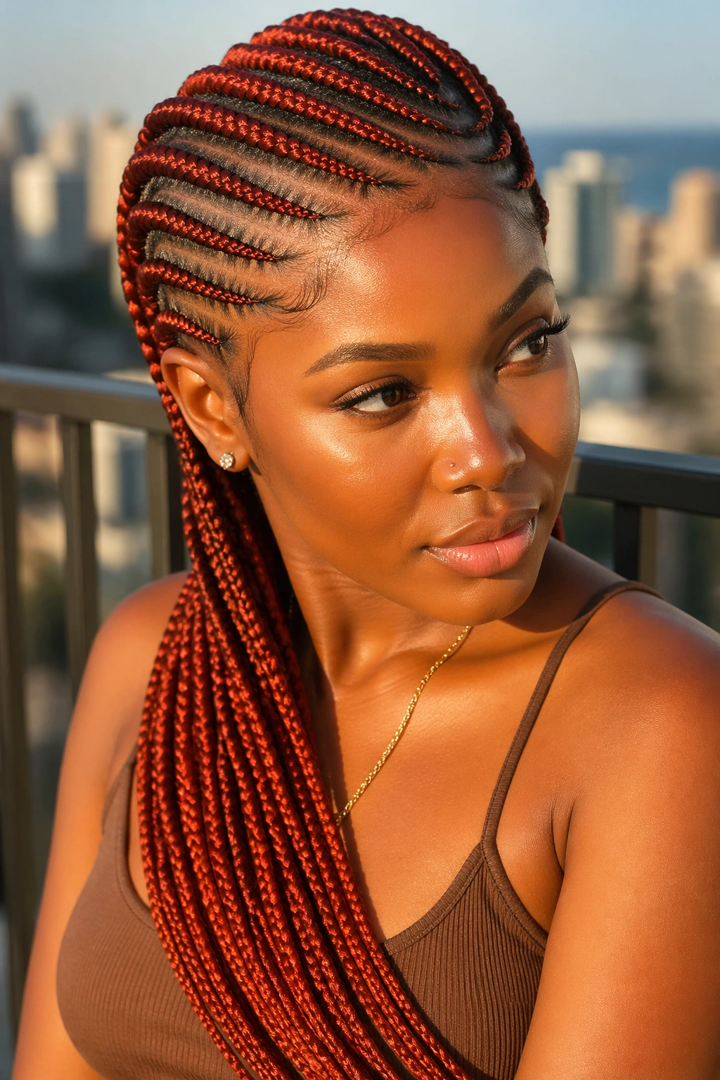Close-up portrait of a real woman with copper red diagonal cornrows sweeping across the head