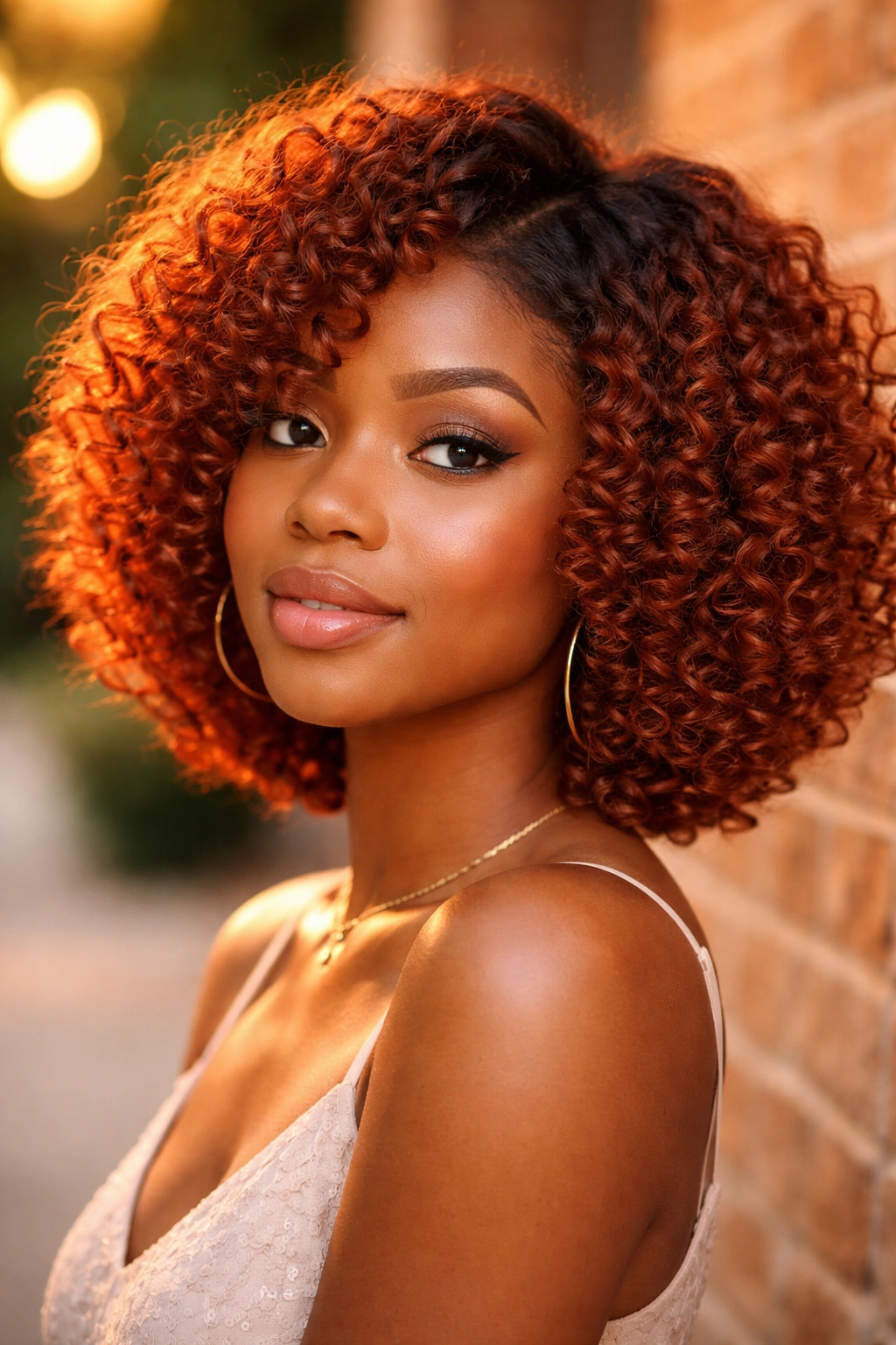 Close-up of a real woman with a copper-red curly bob in warm sunlight