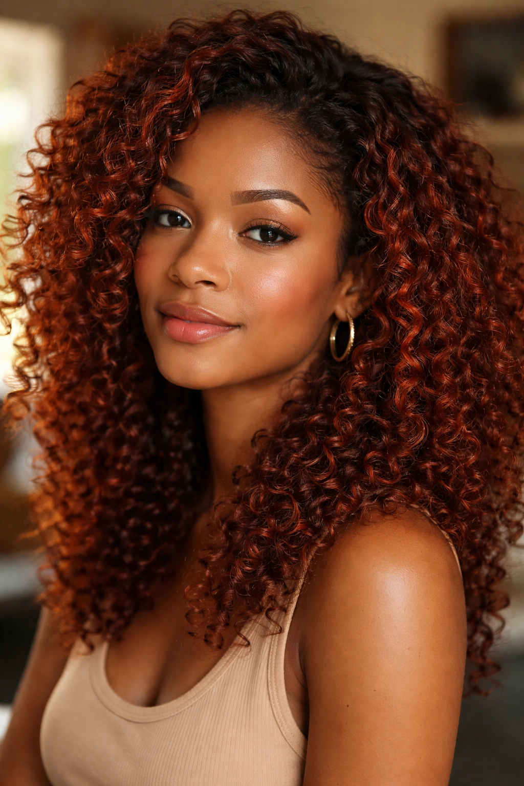 Close-up of a real person with copper red curls catching warm light.