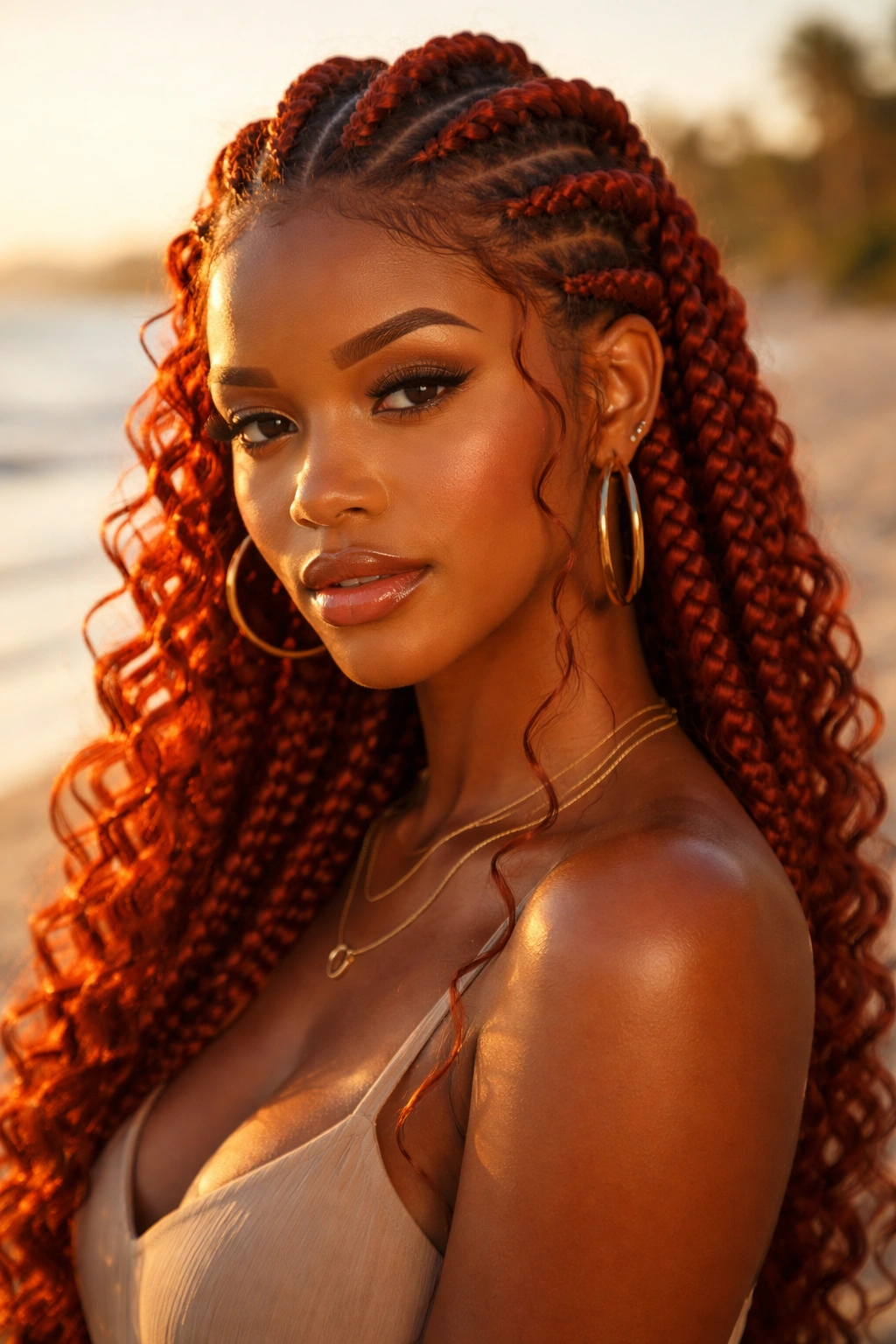 Portrait of a real woman with copper red goddess cornrows and loose curls framing the face