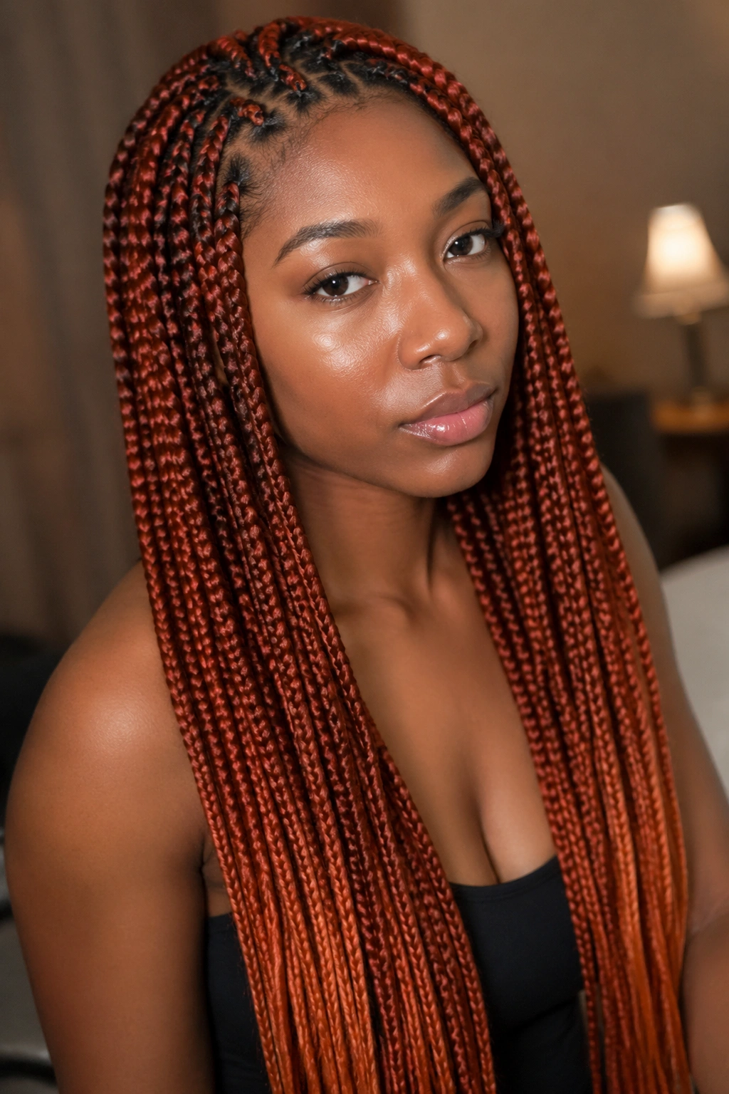 Close-up of a woman with copper-red knotless braids and warm ends in a softly lit interior.