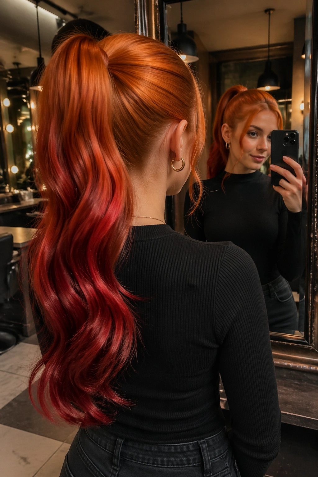 Mirror-selfie POV of copper-to-red glossy ponytail in a stylish salon.