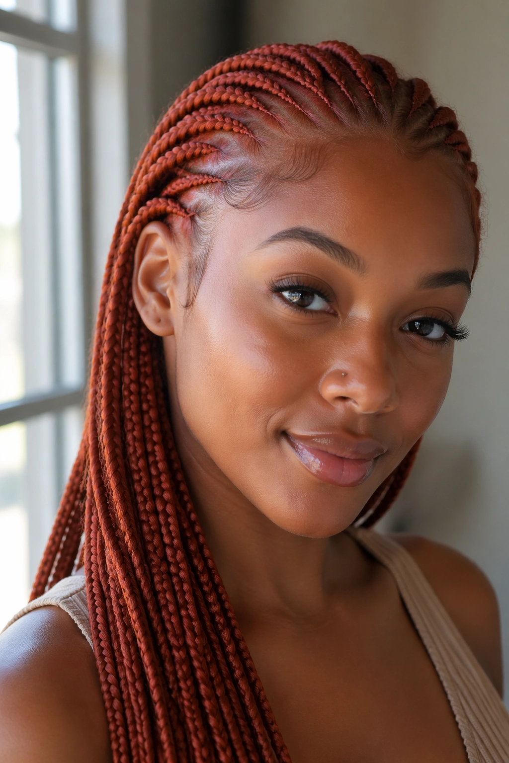 Portrait of a person with copper-red hair in natural daylight
