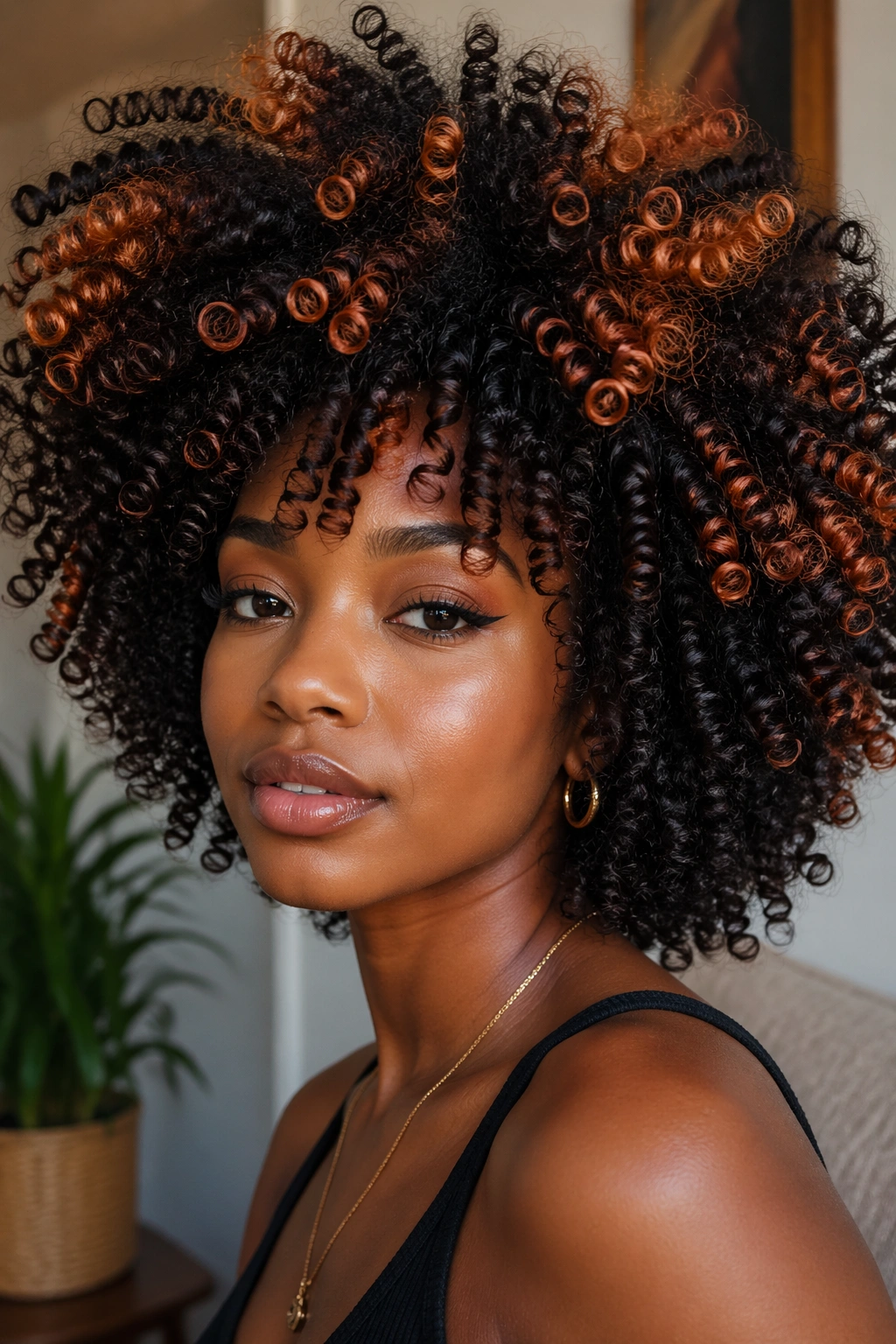 Voluminous Afro curls with copper ribbons adding warmth and dimension