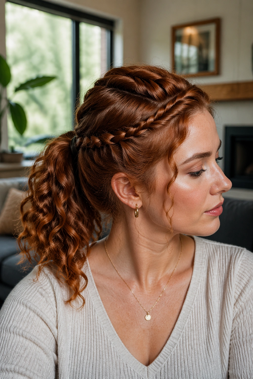 Close-up of copper rope-twist ponytail on a real person