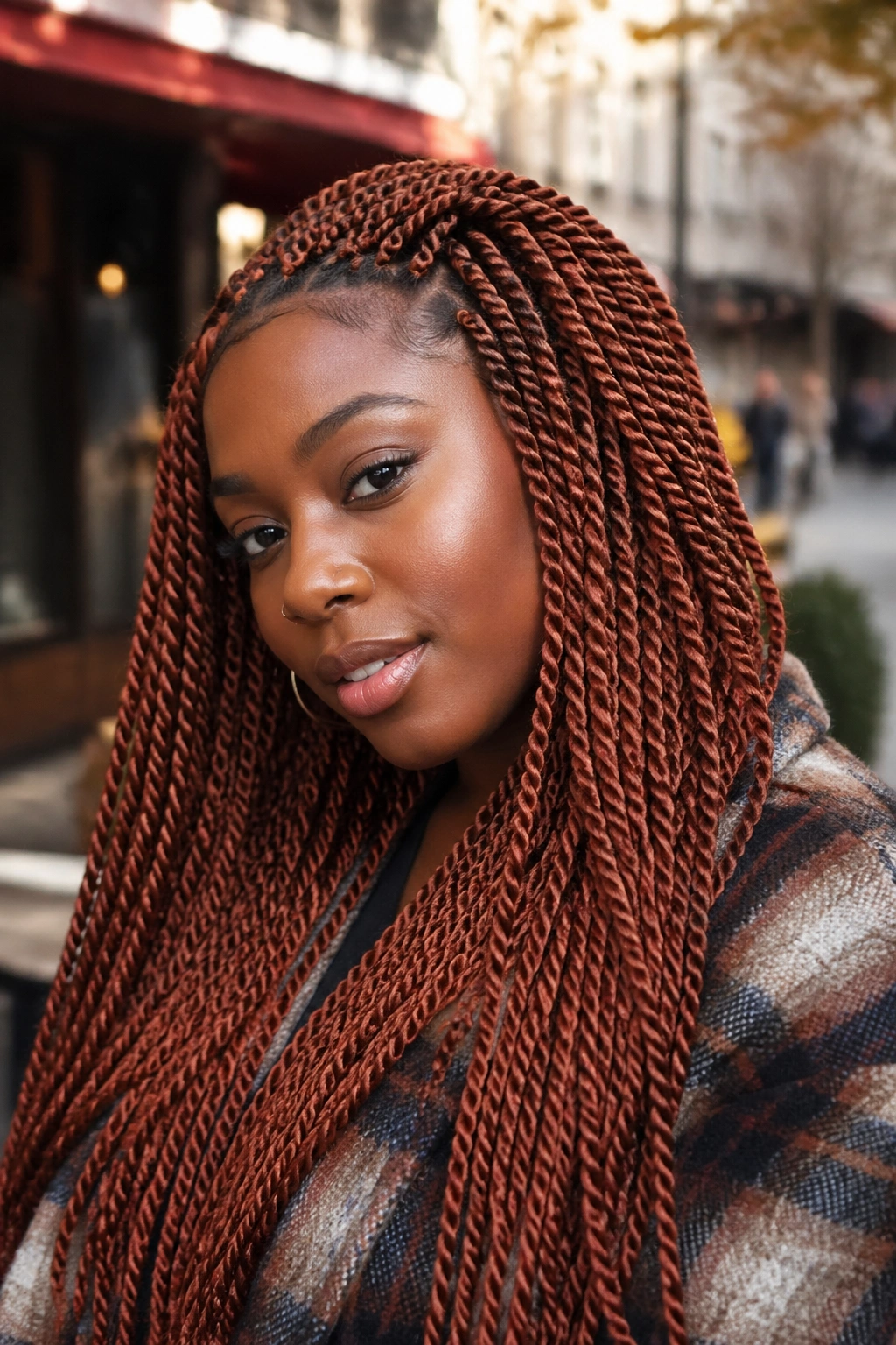Real woman with copper Senegalese twists, rope-like texture