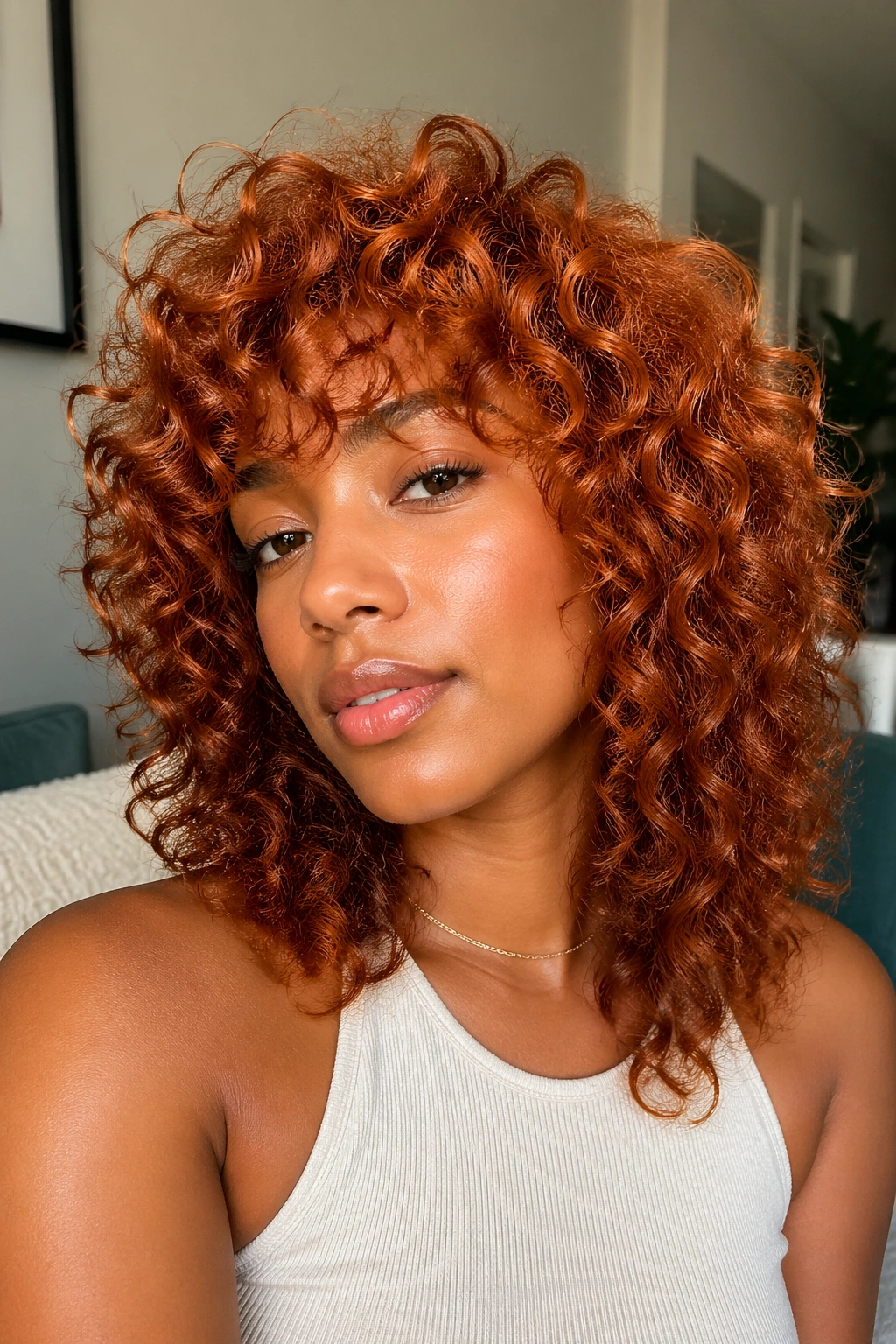 Portrait of a real woman with copper shag cut, layered texture and movement