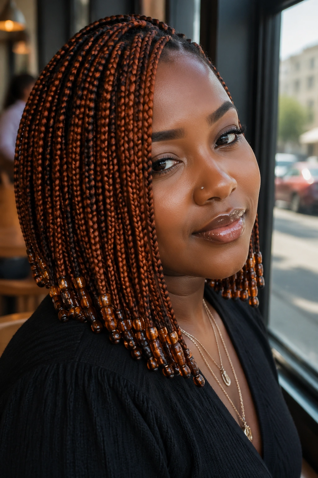 Close-up of copper side-swept short box braids with beaded tips