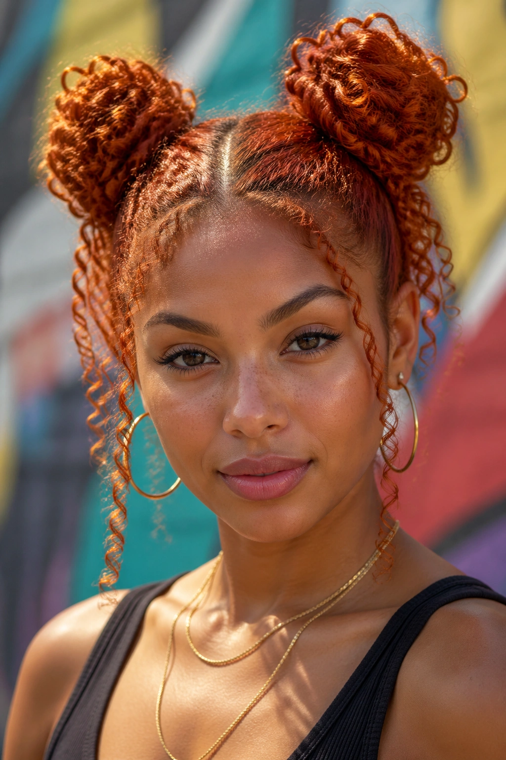 Real woman with copper space buns outdoors.