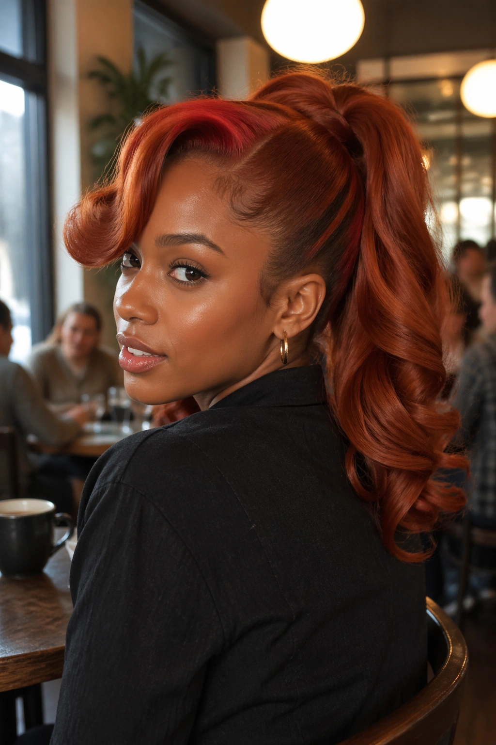Over-the-shoulder cafe POV copper high swoop ponytail with curled ends.