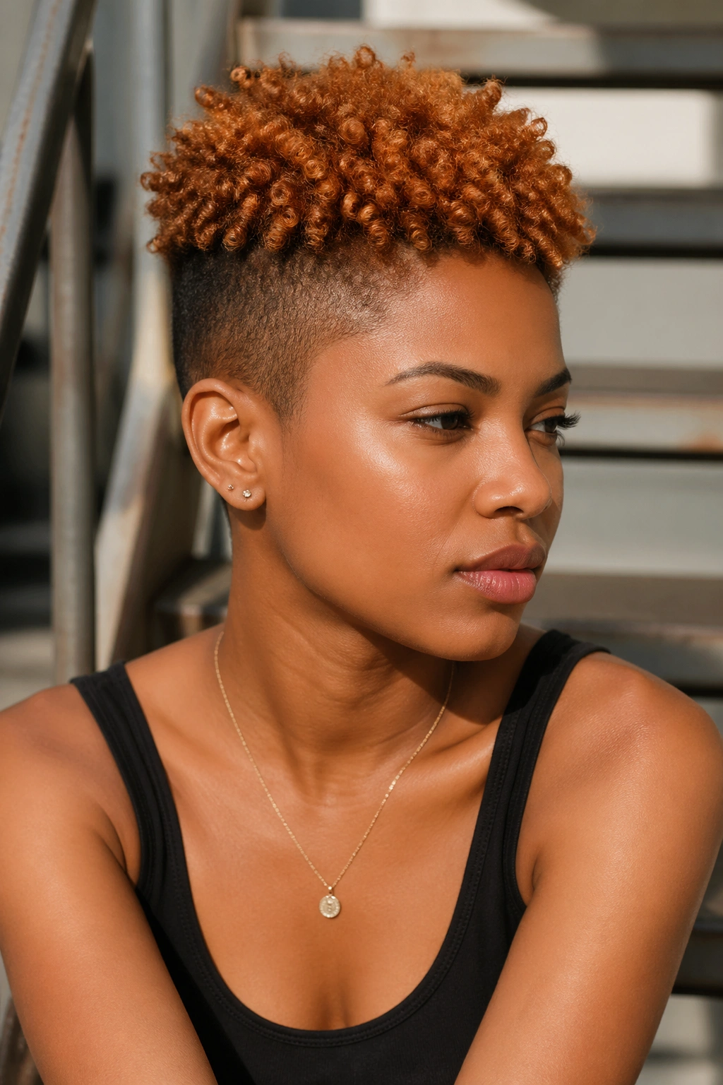 Real woman with copper crown curls and tapered sides