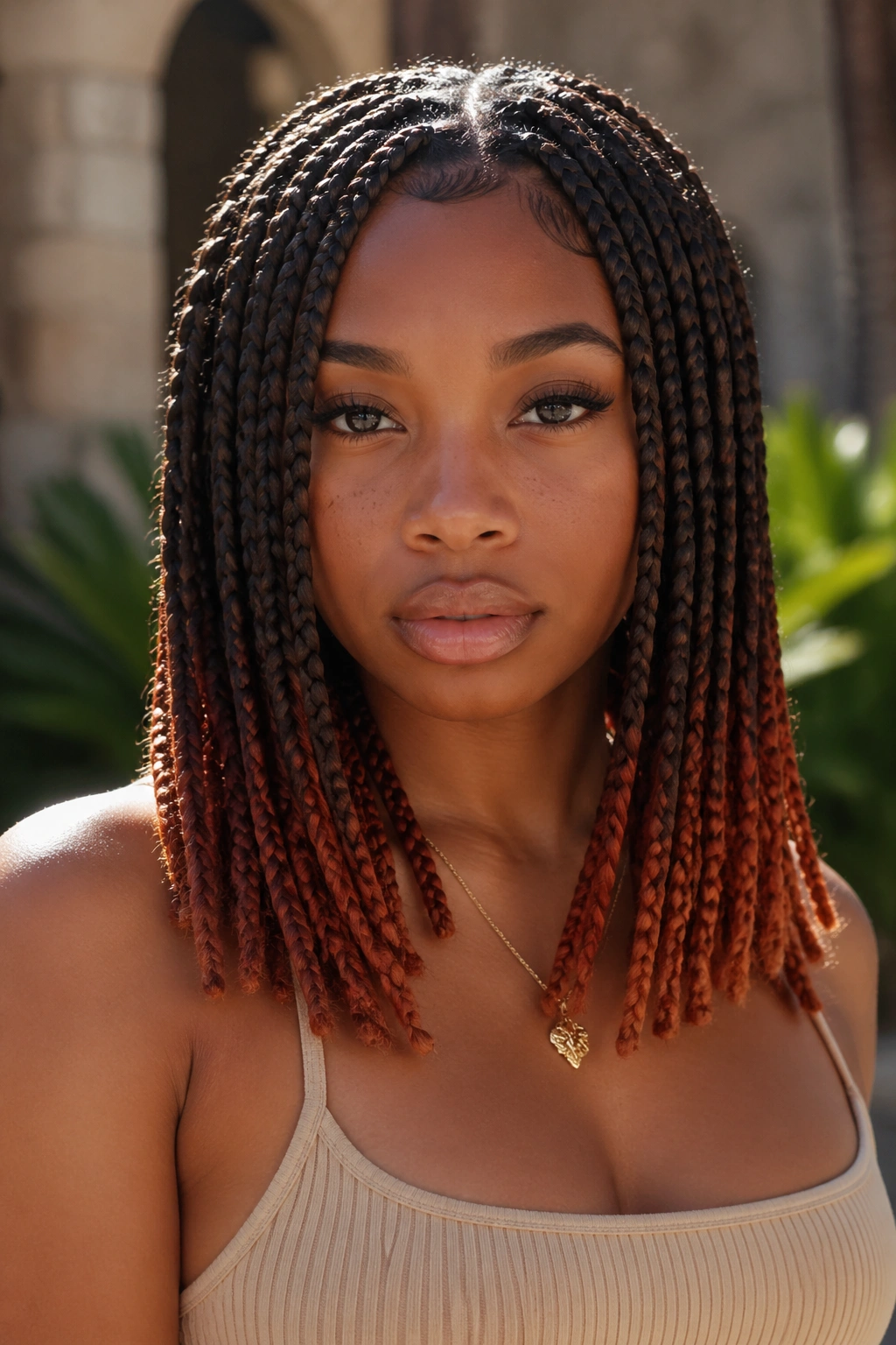 Close-up of copper-tipped medium box braids on a real person