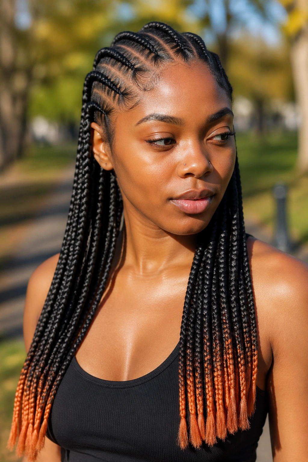 Close-up of real woman with copper-tip feed-in cornrows in outdoor light.