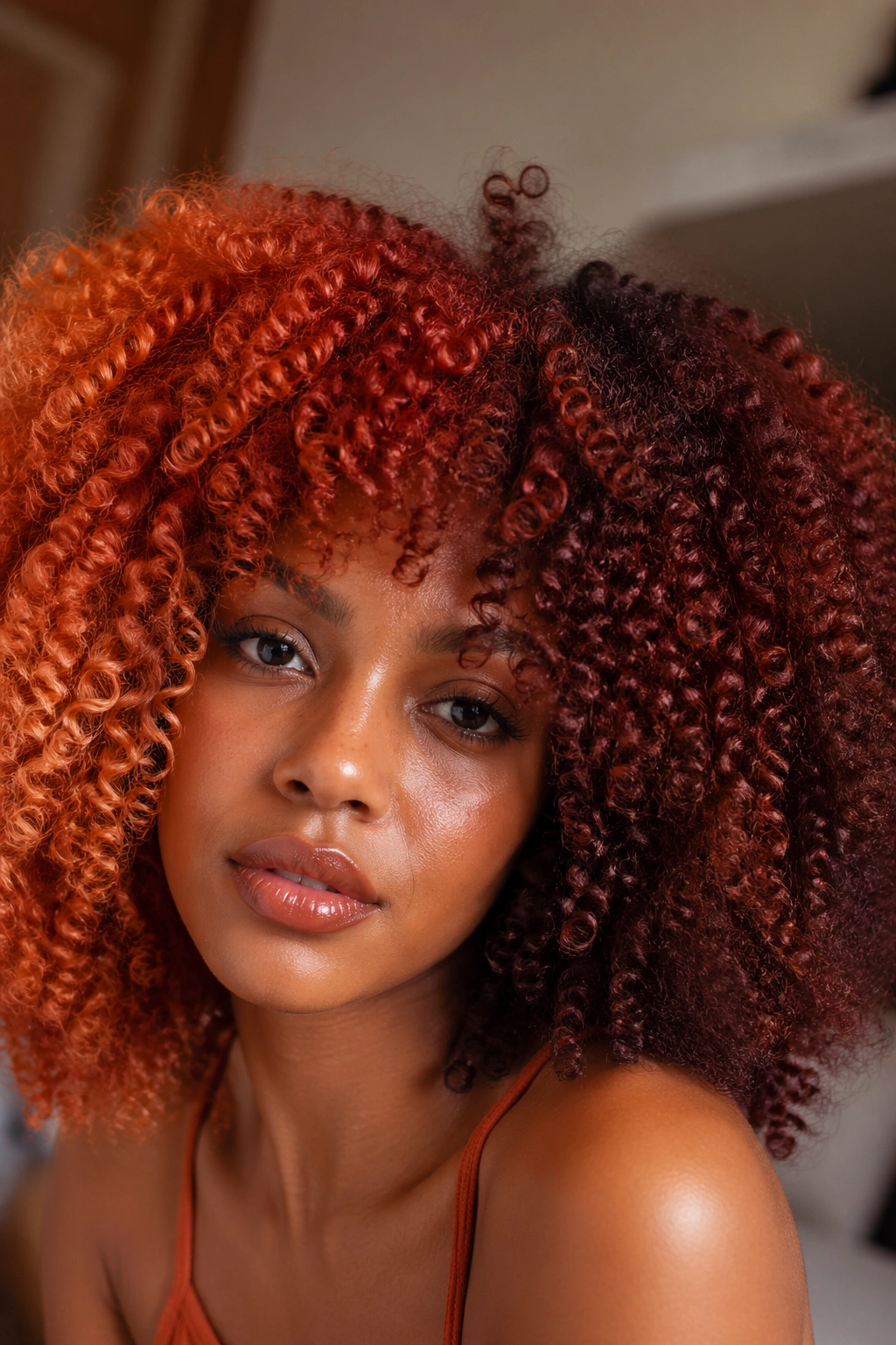 Close-up of copper-toned curls showing bright orange to deep red shades on a real person