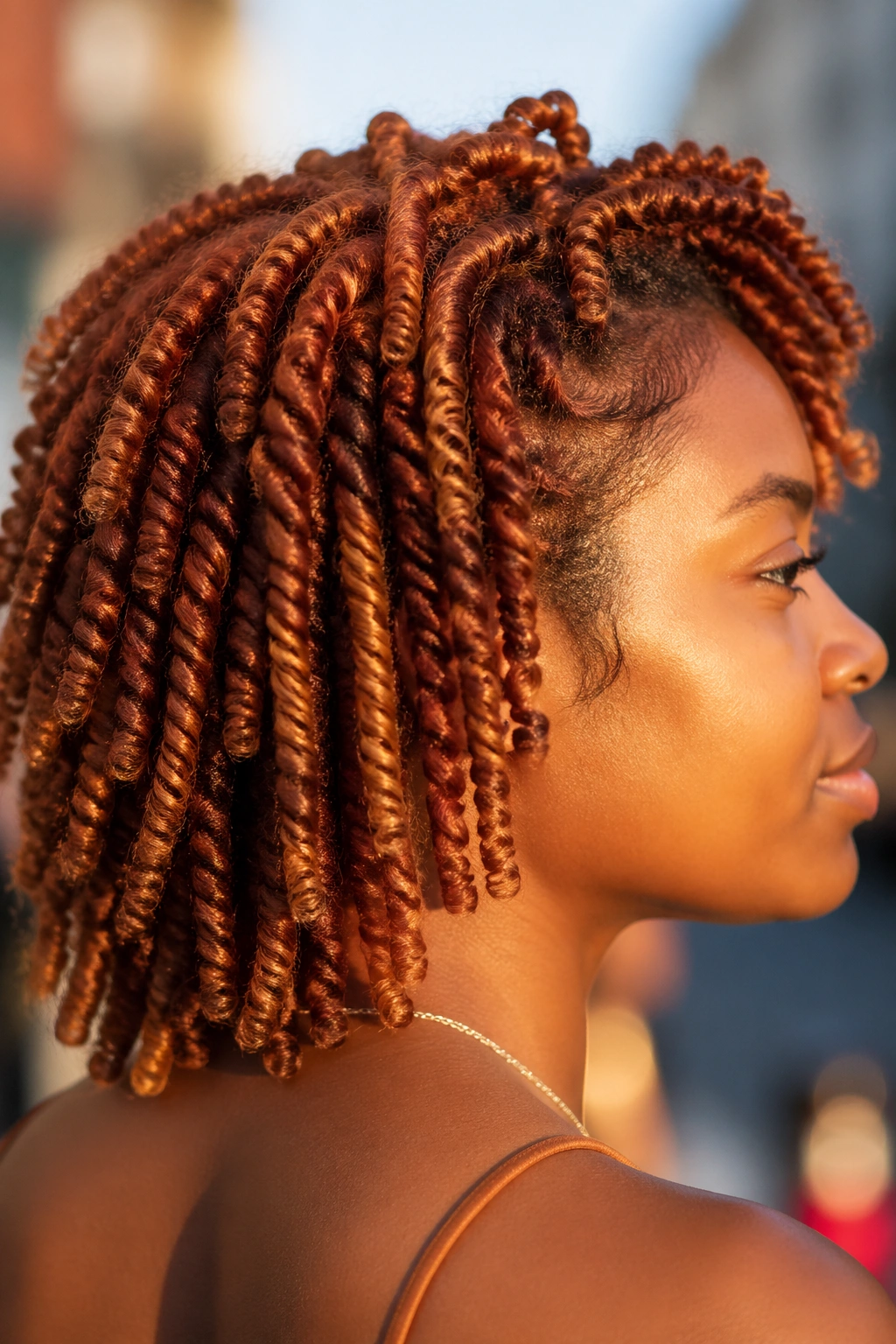 Close-up of copper twist-out curls on a real person in golden hour light
