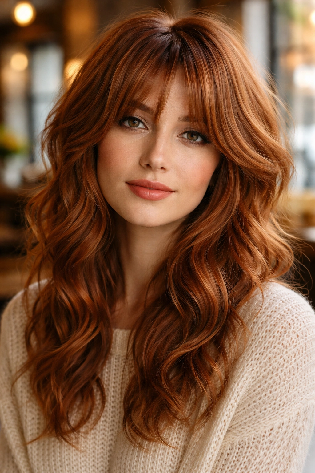 Close-up portrait of a real woman with copper wavy wolf cut in warm cafe lighting.