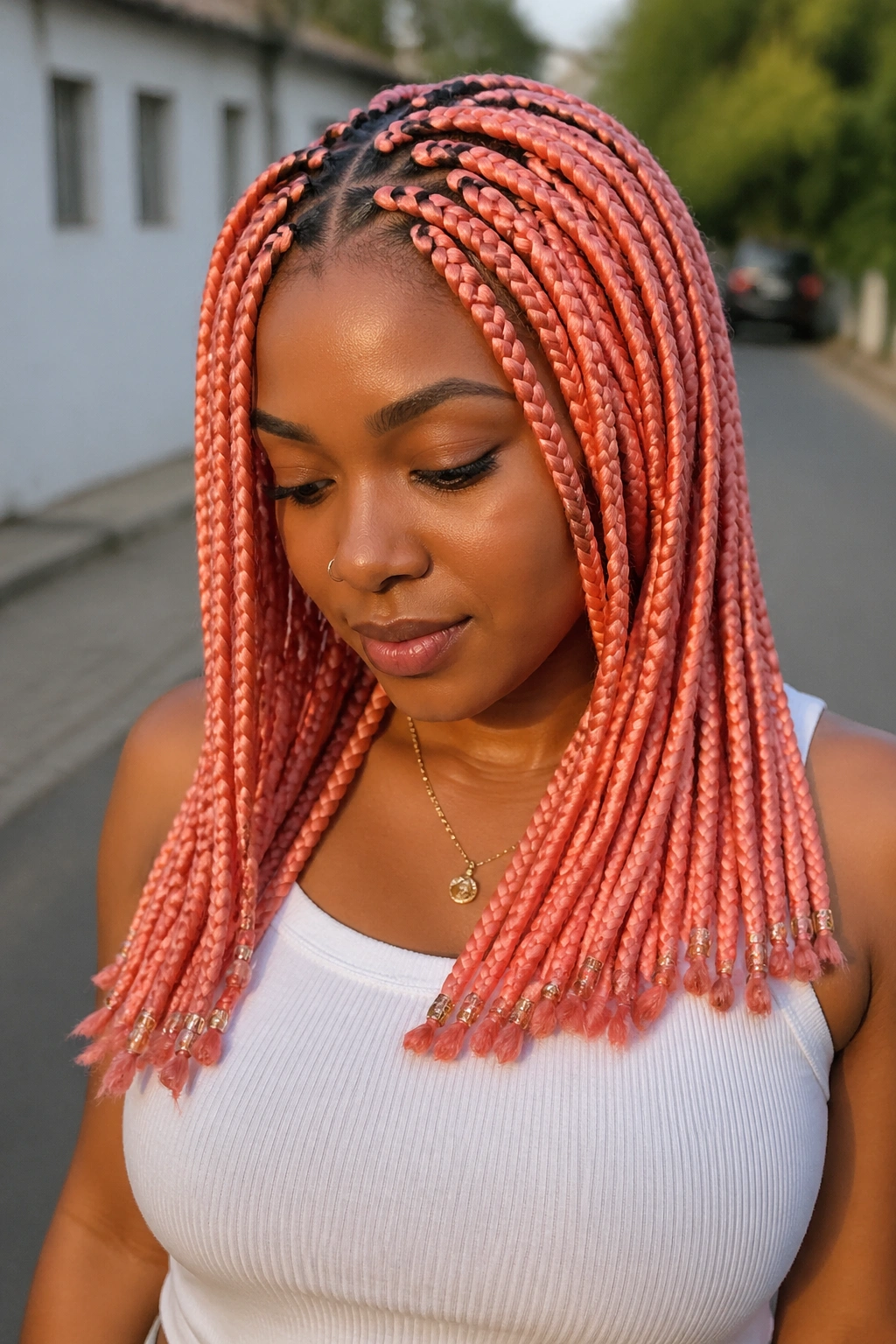 Real person with coral pink box braids in warm daylight