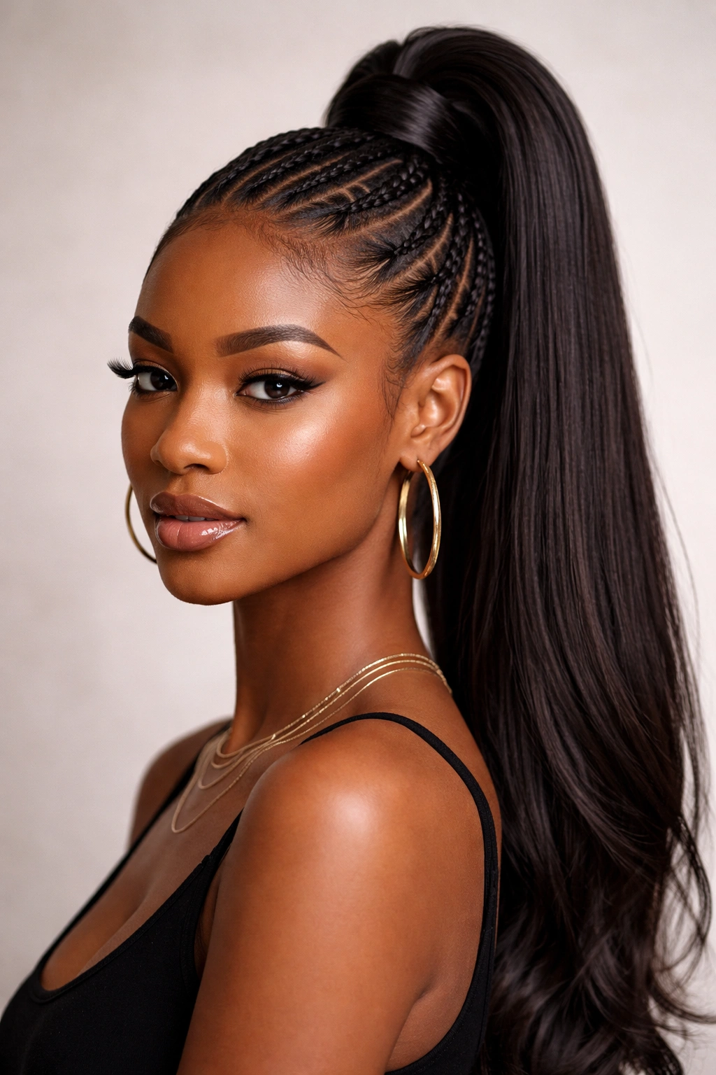 Portrait of a Black woman with cornrow accents integrated into a high ponytail.