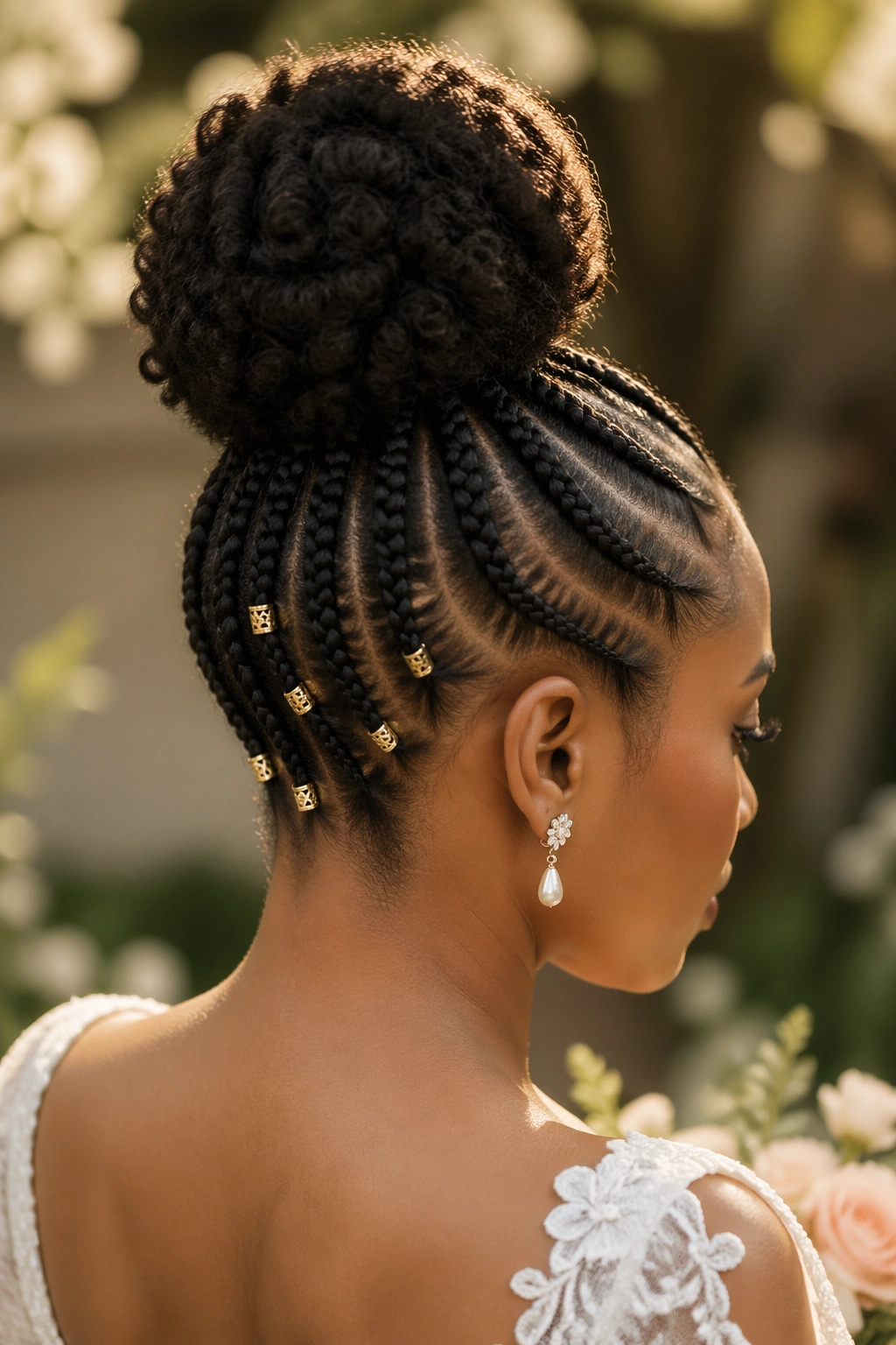 Close-up of a real bride with Cornrow Base and Afro Bun in a garden setting.