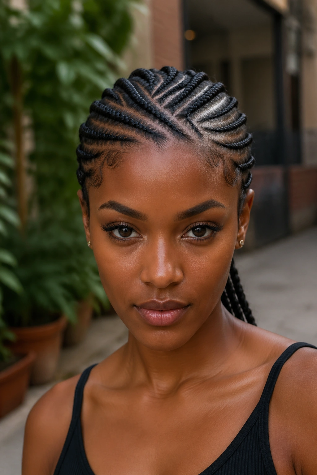 Real woman with cornrows in Afro hair, showing patterns on the scalp.