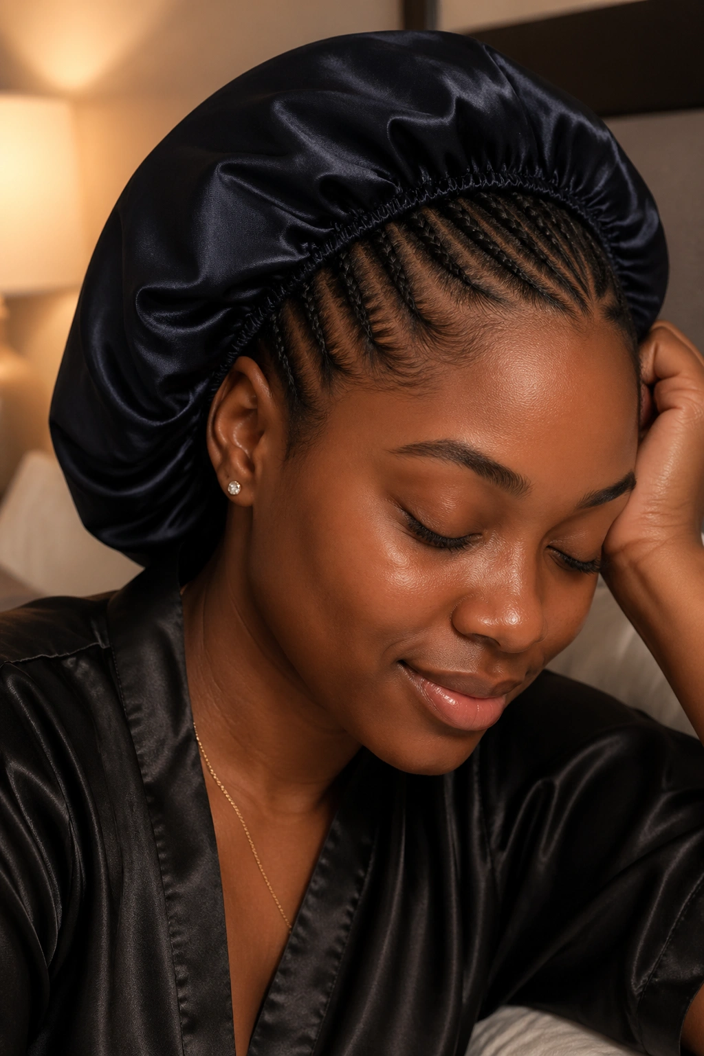 Close-up of a real woman wearing a satin bonnet after cornrow styling