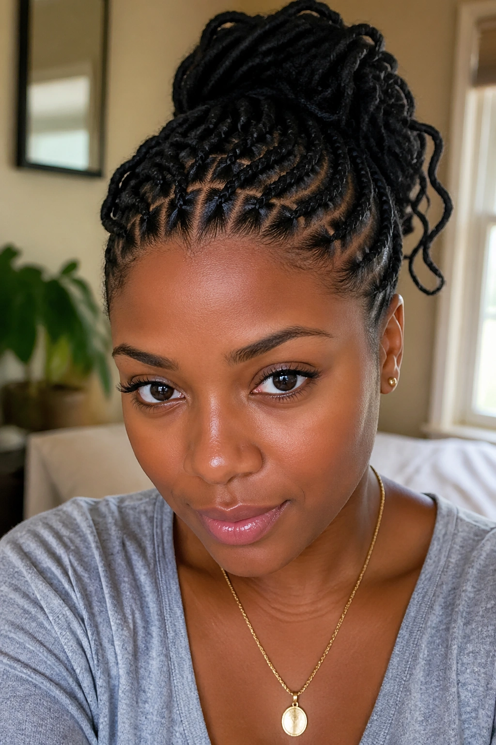 Close-up of a real woman wearing French cornrow bangs across the forehead